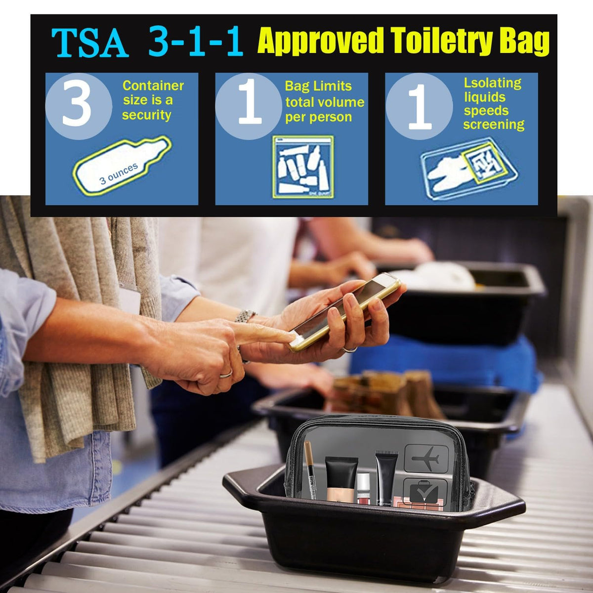 TSA Approved Toiletry Bag, 3 Pcs Clear Toiletries Bags Quart Size, Black