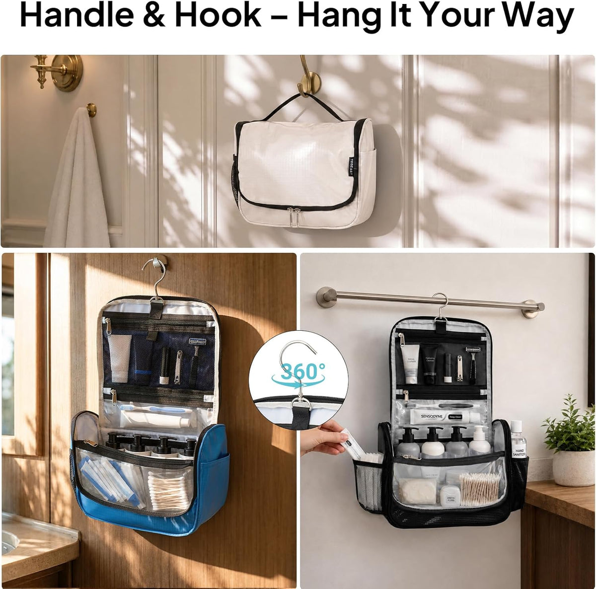 Travel Toiletry Bag for Women & Men, Waterproof Hanging Makeup Organizer