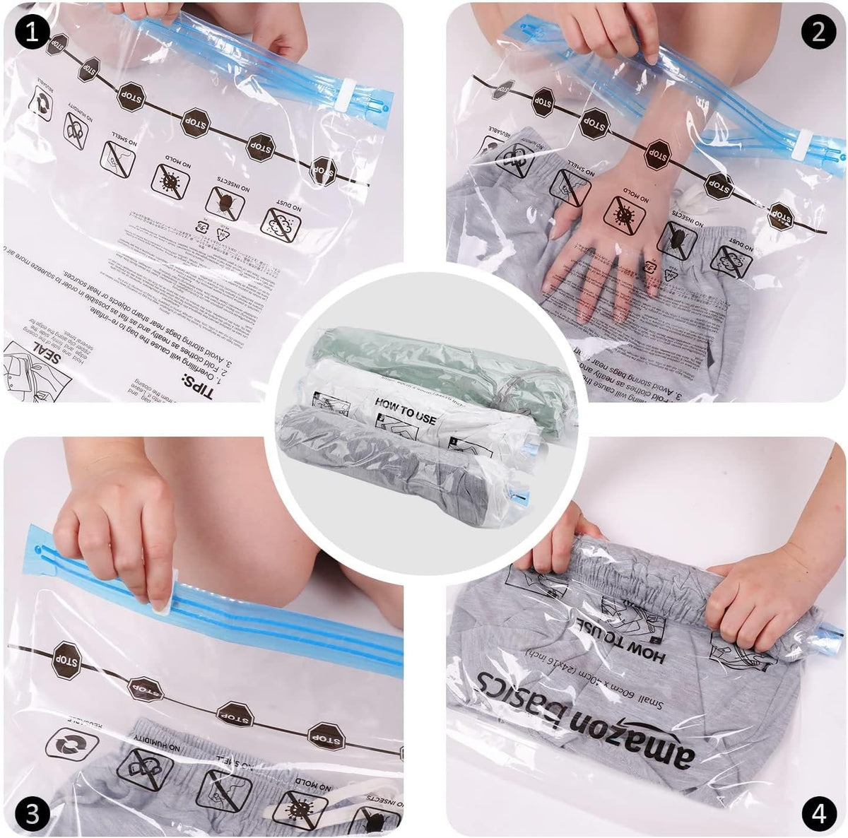 Amazon Basics Roll-Up Travel Compression Storage Bags for Clothes and Towels, No Vacuum Needed, Clear, 12 Pack (6 Small & 6 Medium)