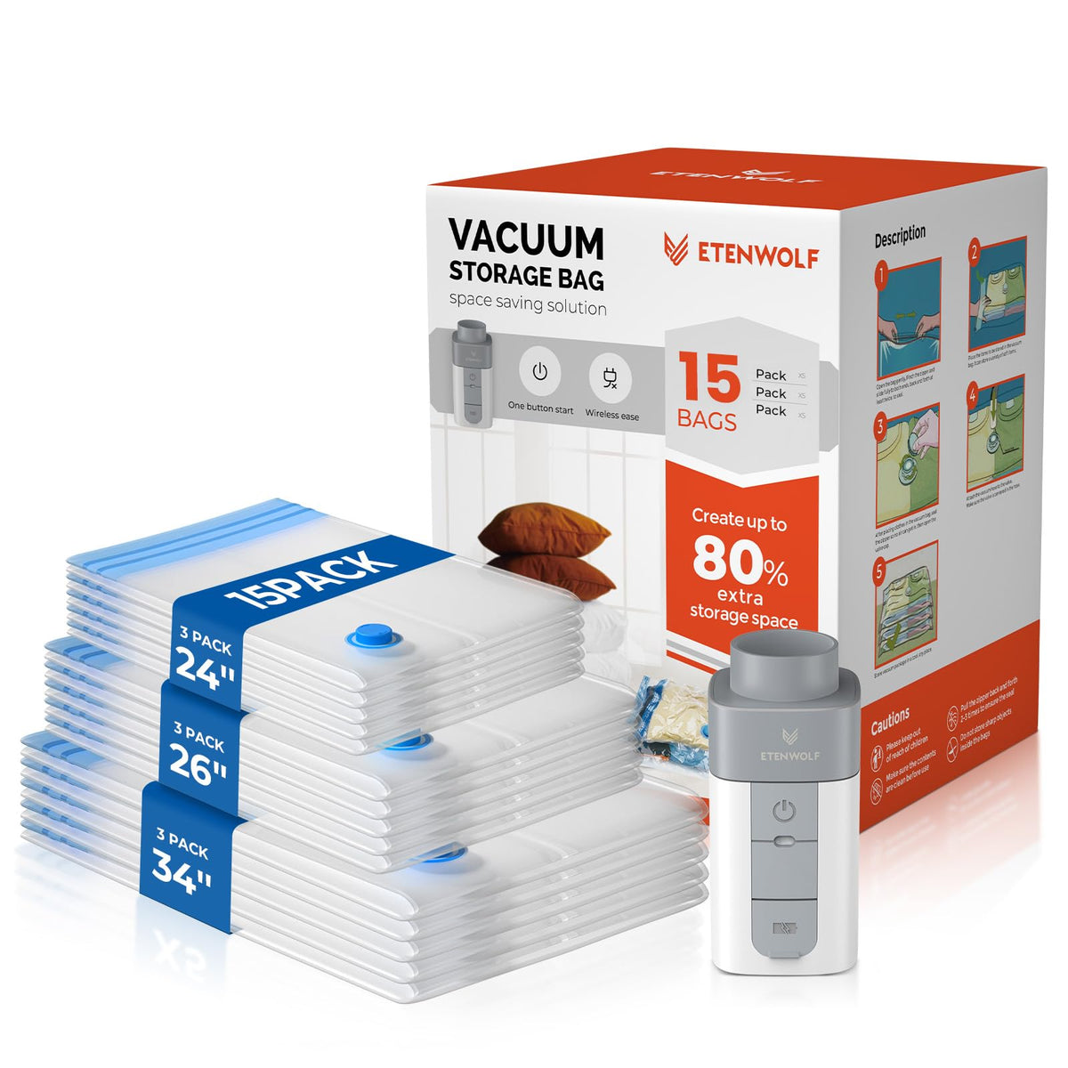 ETENWOLF 20 Combo Vacuum Storage Bags for Travel with Wireless Pump