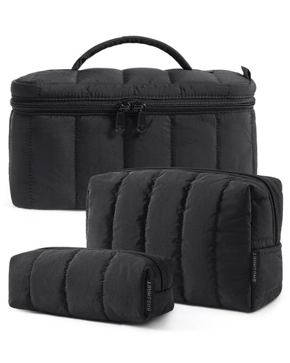 BAGSMART Travel Makeup Bag Set, 3 Pc Puffy Cosmetic Pouch, Camel