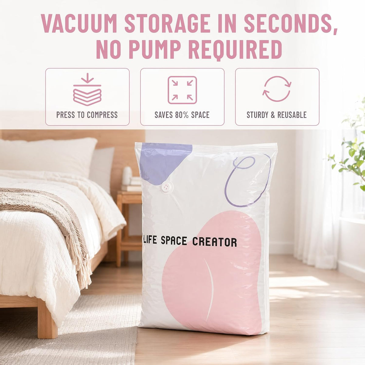 No Pump Vacuum Storage Bags, 2 Pack 3D Large Self Compression Space Saver Bags, Clothing Storage Bag for Bedding Blankets Comforter, Reusable Airtight Seal Travel Bag, Home Organization Cube