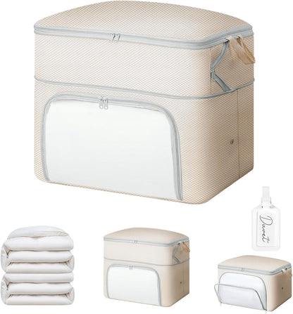 Comforter Storage Bag - Large Capacity Blanket Storage Bags Front-opening Ultra Space Saving Self Compression Organizer, Washable Compression Bags for Storage Comforter Blanket, 1 Pack, Beige