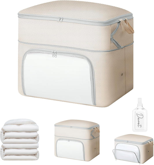 Comforter Storage Bag - Large Capacity Blanket Storage Bags Front-opening Ultra Space Saving Self Compression Organizer, Washable Compression Bags for Storage Comforter Blanket, 1 Pack, Beige