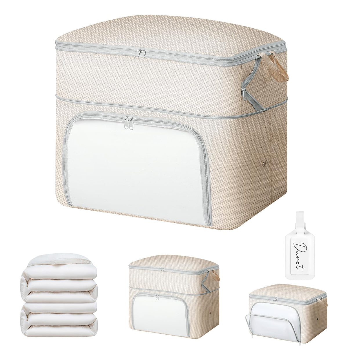 Comforter Storage Bag - Large Capacity Blanket Storage Bags Front-opening Ultra Space Saving Self Compression Organizer, Washable Compression Bags for Storage Comforter Blanket, 1 Pack, Beige
