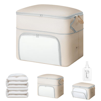 Comforter Storage Bag - Large Capacity Blanket Storage Bags Front-opening Ultra Space Saving Self Compression Organizer, Washable Compression Bags for Storage Comforter Blanket, 1 Pack, Beige