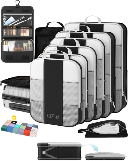 OlarHike 10 Set Compression Packing Cubes for Travel Essentials,Compressible Expandable Space Saver Bags for Organizing Clothes,Luggage Suitcase Garment Bags with Over 1000 pcs Mesh Holes(Black)
