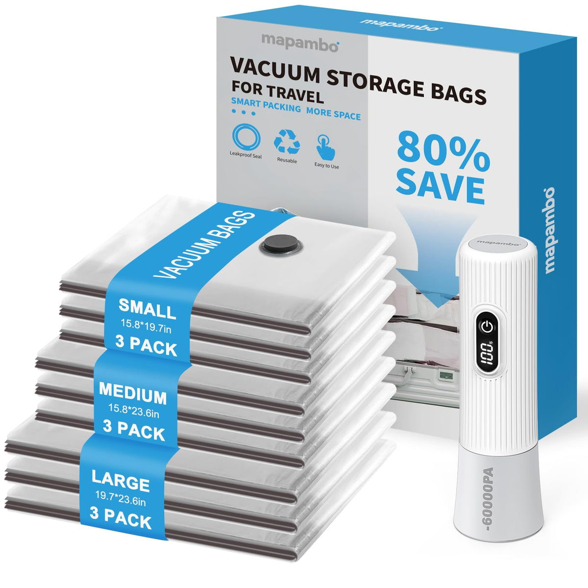 Mapambo Travel Vacuum Bags with -60000Pa LED Pump, 15 Pack Vacuum Seal Bags for Clothing Travel in 3 Combo Sizes, Vacuums Storage Bags for Clothes, Save 80% of Space (15 Combo)