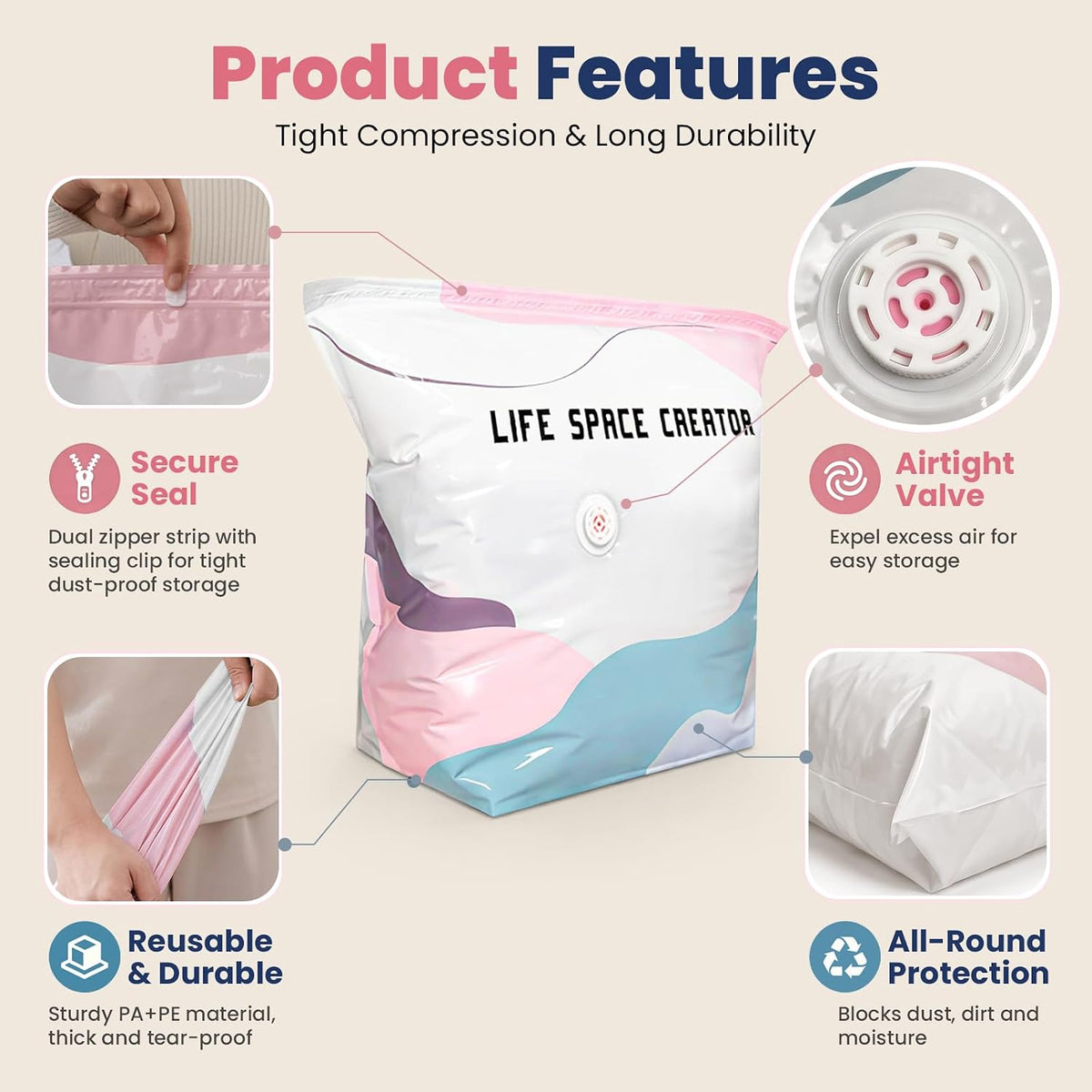 2PCS No Pump Vacuum Storage Bags, No Pump Large Vacuum Storage Compression Bags, Thick Airtight Reusable Organizer for Clothes Comforters Travel Moving Closet Storage (M+L)