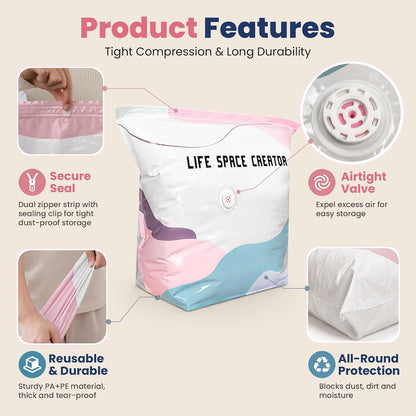 2PCS No Pump Vacuum Storage Bags, No Pump Large Vacuum Storage Compression Bags, Thick Airtight Reusable Organizer for Clothes Comforters Travel Moving Closet Storage (M+L)