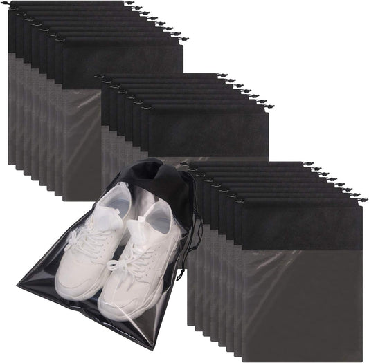 24 Pack Portable Shoe Bags for Travel Large Shoes Pouch Storage Organizer Clear Window with Drawstring for Men and Women Black