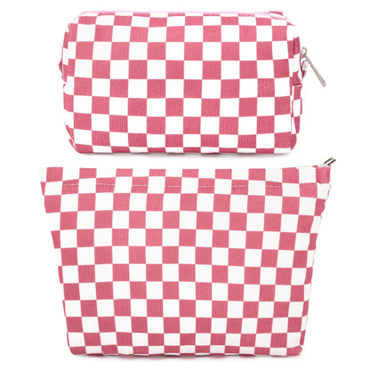 SOIDRAM 2 Pieces Makeup Bag Large Checkered Cosmetic Bag Capacity Canvas Mix Travel Toiletry Bag Organizer Cute Makeup Brushes Aesthetic Accessories Storage Bag for Women, Checkered Mix Rose Red
