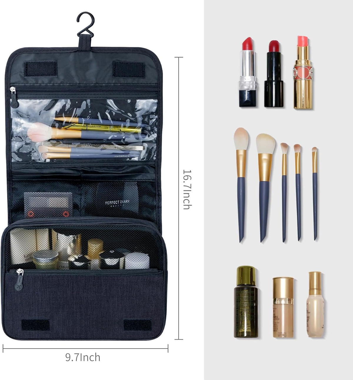 Lcsmaokin Large Capacity Toiletry Bag Travel Bag with Hanging Hook for Men and Women Waterproof Travel Cosmetic Bag Bathroom Storage Bag for Brushes Set,Full-Sized Shampoo,Toiletries,Accessories-Black