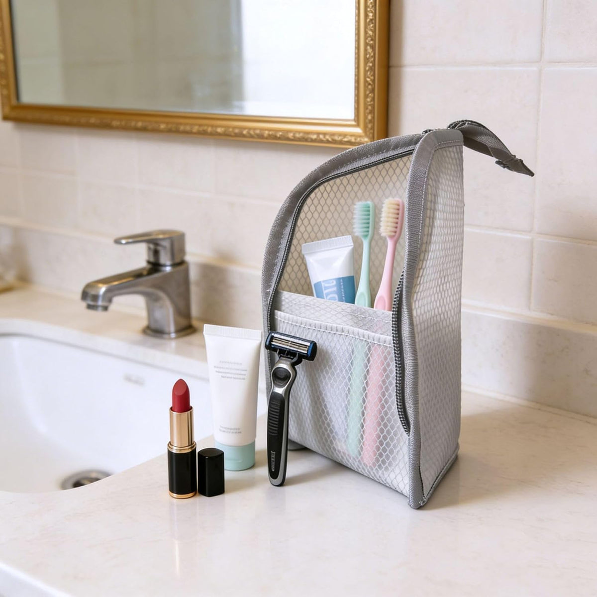 2Pcs Standing Travel Toiletry Bag, Portable Mesh Cosmetic Organizer