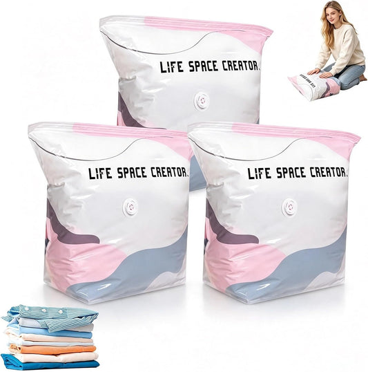 3PC Vacuum Storage Bags for Clothes, Cube Vacuum Seal Bags, No Pump, Press & seal, Needed Airtight Storage Bags for Clothing, Bedding, Quilts, Closet Home Organization (Medium)