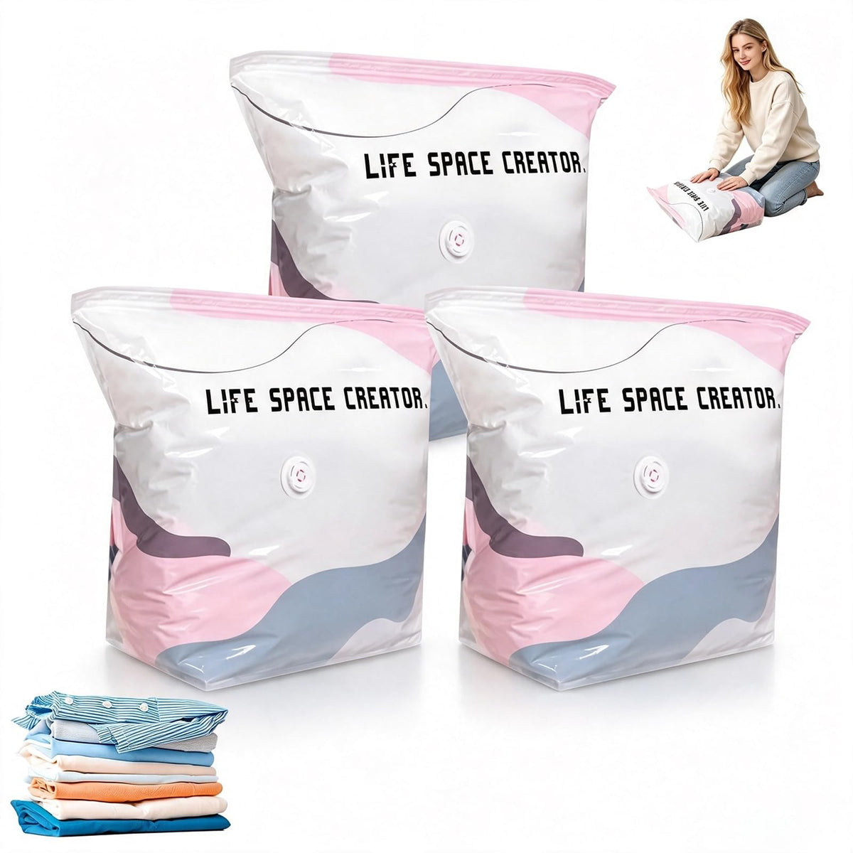 3PC Vacuum Storage Bags for Clothes, Cube Vacuum Seal Bags, No Pump, Press & seal, Needed Airtight Storage Bags for Clothing, Bedding, Quilts, Closet Home Organization (Medium)
