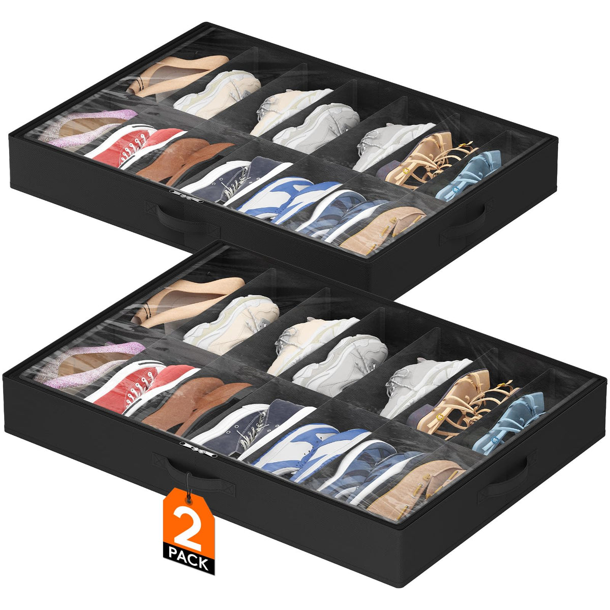 Lifewit Under Bed Shoe Storage Organizer 2 Pack(12 Shoes Cells), 4.3 Inches Profile Fabric Shoes Container Box with Clear Cover, Foldable Storage Bag with 2 Handles, Fits 12 to 24 Pairs