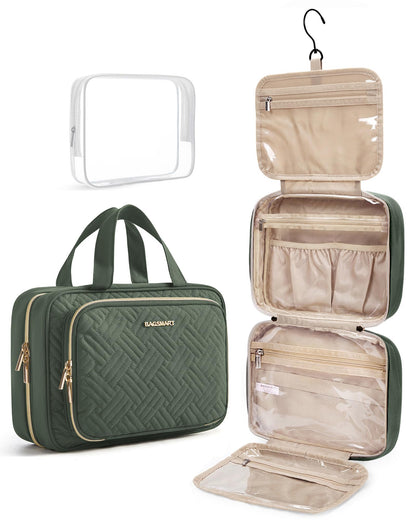 BAGSMART Toiletry Bag Hanging Travel Makeup Organizer with TSA Approved Transparent Cosmetic Bag Makeup Bag for Full Sized Toiletries, Medium-Black
