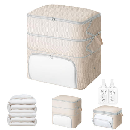 Comforter Storage Bag - Large Capacity Blanket Storage Bags Front-opening Ultra Space Saving Self Compression Organizer, Washable Compression Bags for Storage Comforter Blanket, 1 Pack, Beige