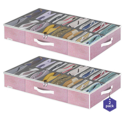 Onlyeasy Sturdy Under Bed Shoe Storage Organizer, Set of 2, Fit 12 to 24 Pairs, Underbed Shoes Closet Storage Solution with Clear Window, Breathable, L29.3 x W23.6 x H5.9, Linen-like Black, MXAUBSB2P