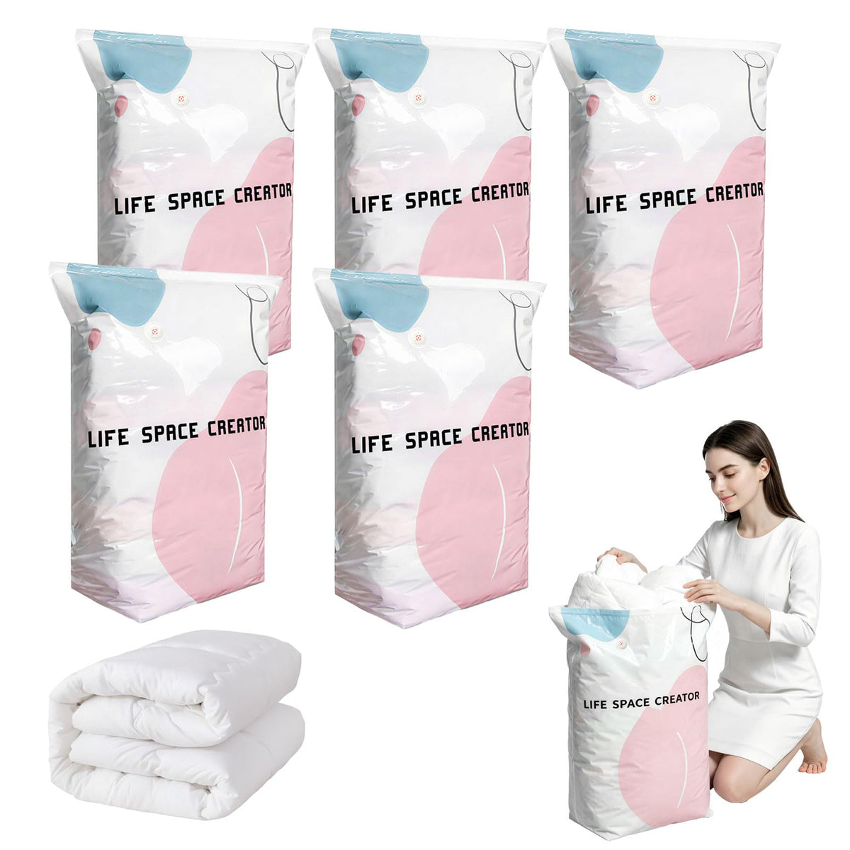 2PCS No Pump Vacuum Storage Bags, No Pump Large Vacuum Storage Compression Bags, Thick Airtight Reusable Organizer for Clothes Comforters Travel Moving Closet Storage (M+L)
