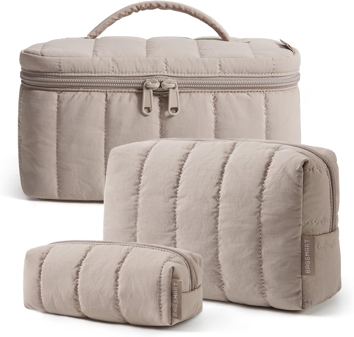 BAGSMART Travel Makeup Bag Set, 3 Pc Puffy Cosmetic Pouch, Camel