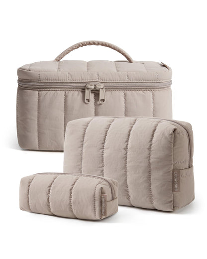 BAGSMART Travel Makeup Bag Set, 3 Pc Puffy Cosmetic Pouch, Camel