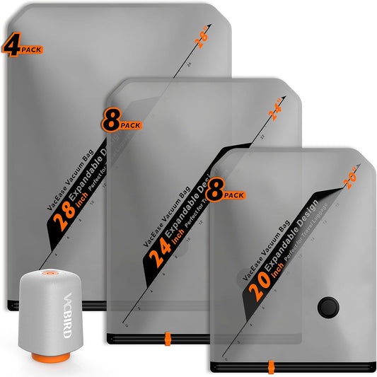 Vacbird Rechargeable Wireless Pump Travel Storage Bags Set - 20 Pack Portable Space Saver Bags for Travel & Home - Vacuum Compression Packing Seal for Clothes, Blankets, Seasonal Storage