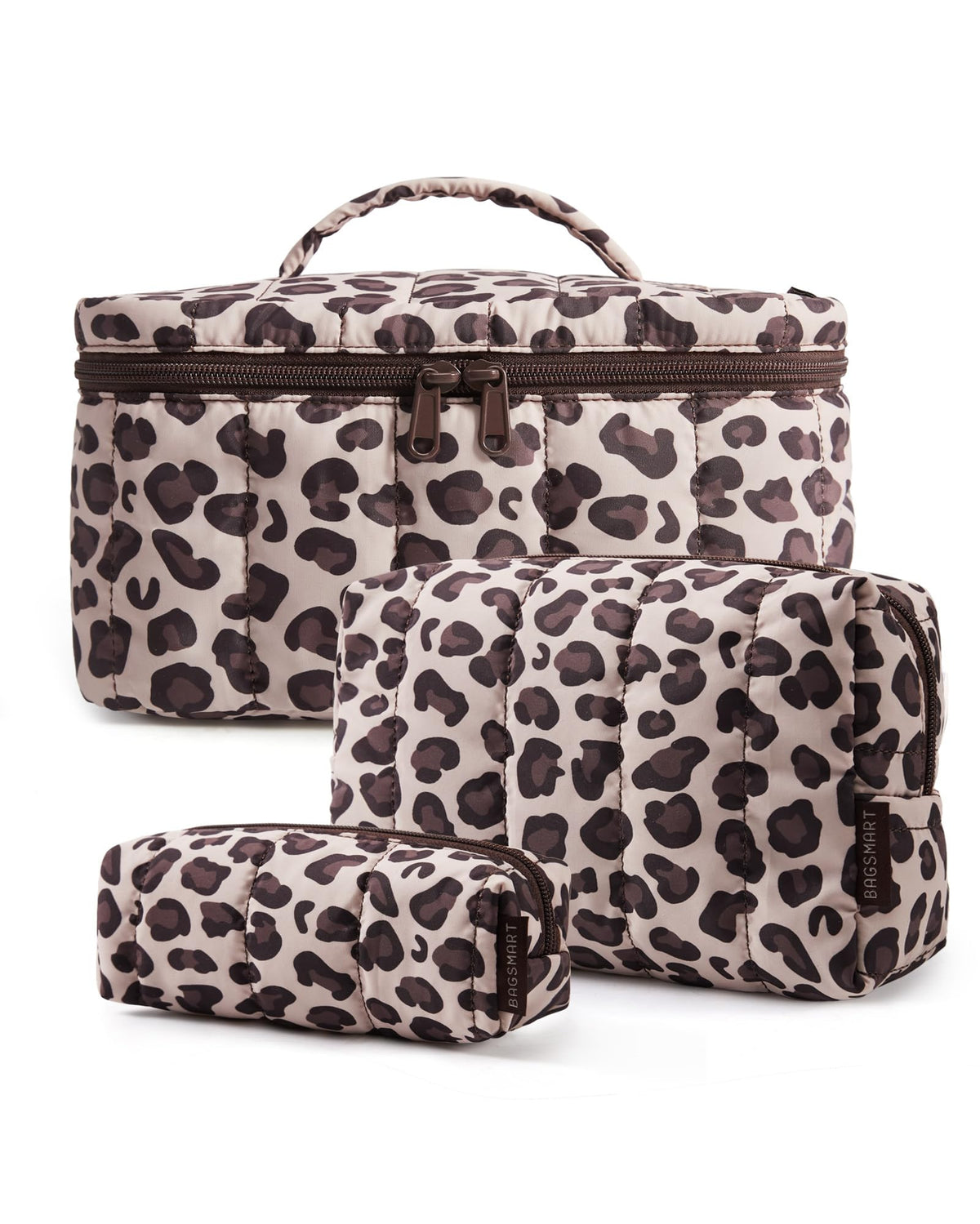 BAGSMART Travel Makeup Bag Set, 3 Pc Puffy Cosmetic Pouch, Camel