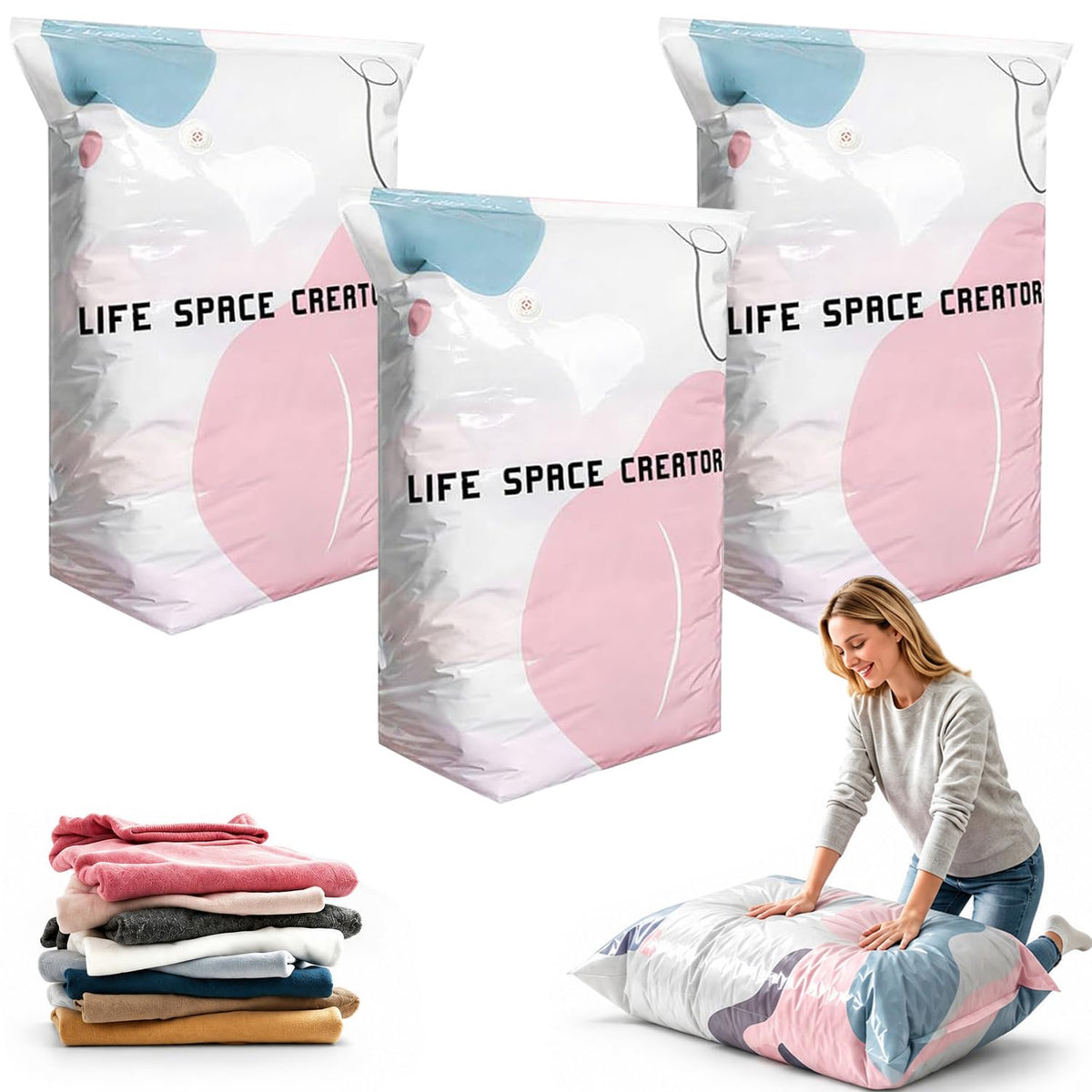 No Pump Vacuum Storage Bags,2026 New No Pump Large Vacuum Storage Compression Bags,Thick and Airtight Reusable Organizer Suitable for Clothes, Blankets, Bedding, Travel, and Closet Storage (3, Medium)