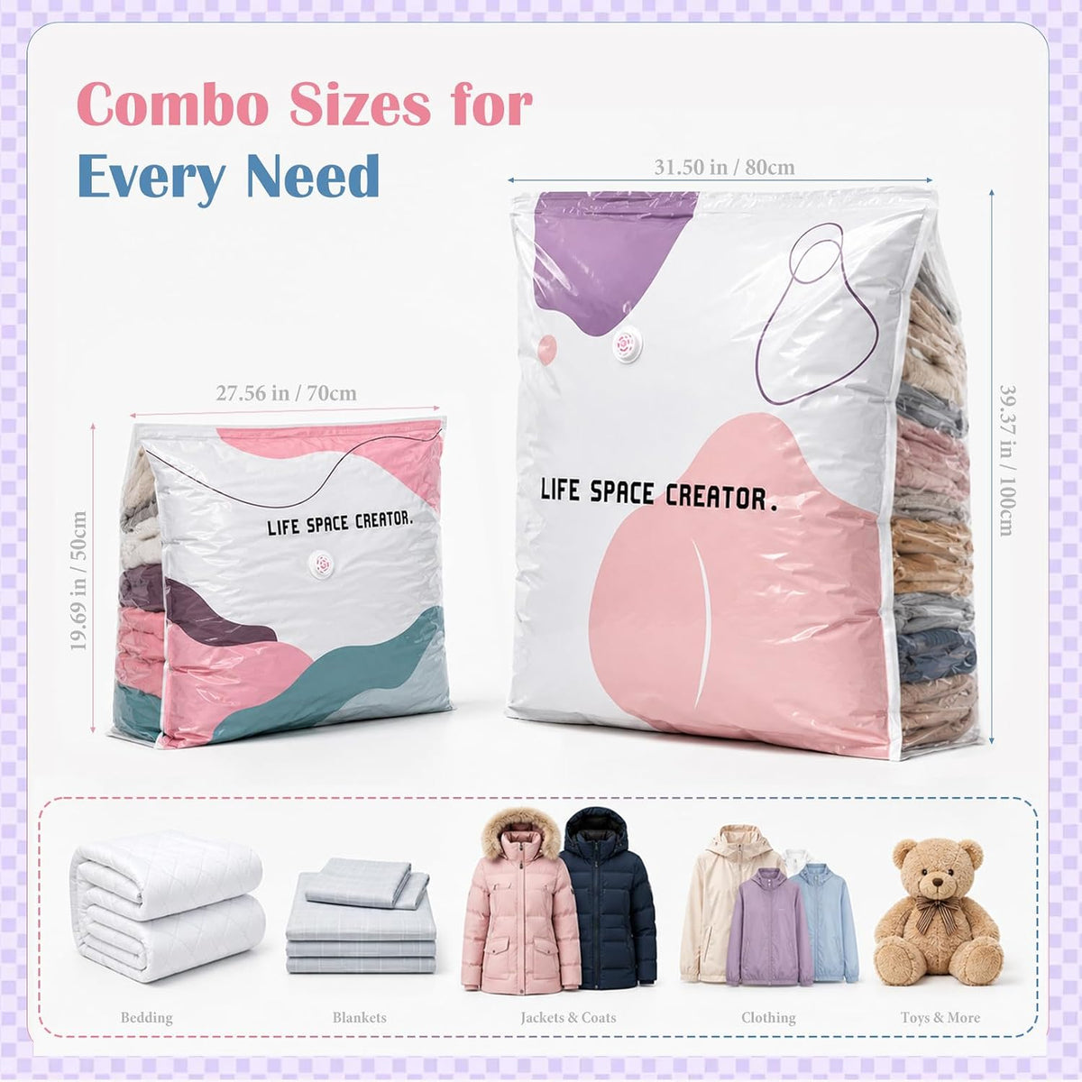 No Pump Vacuum Storage Bags 4Pk (2L+2M) Large Capacity