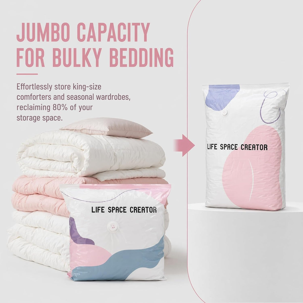 No Pump Vacuum Storage Bags, 2 Pack 3D Large Self Compression Space Saver Bags, Clothing Storage Bag for Bedding Blankets Comforter, Reusable Airtight Seal Travel Bag, Home Organization Cube