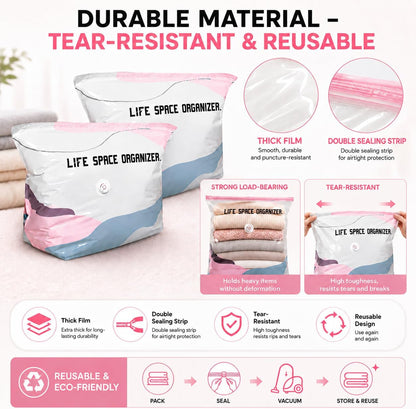 4Pcs No Pump Vacuum Storage Bags, Large Better Life Space Bags Cube Capacity Vacuum Bags for Clothes Bedding Comforters Off‑Season Gear (Pink white)