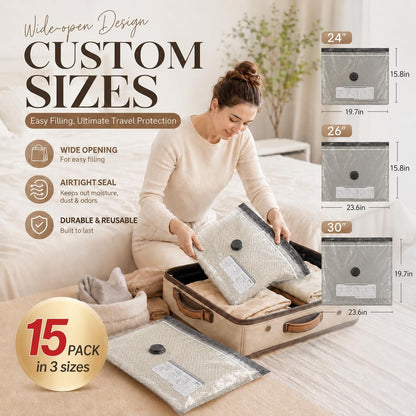 Vacuum Storage Bags with Pump, Space Saver Travel Vacuum Storage Bags for Clothes, Reusable Tear-Proof Compression Packing Cubes for Heavy Clothes/Bedding/Luggage/Moving, 15 Combo Size