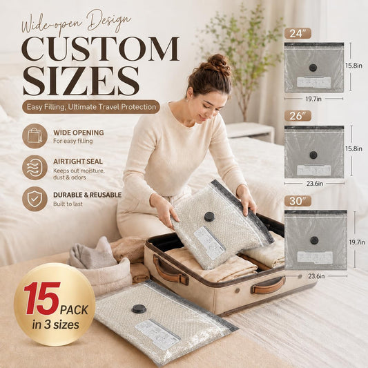 Vacuum Storage Bags with Pump, Space Saver Travel Vacuum Storage Bags for Clothes, Reusable Tear-Proof Compression Packing Cubes for Heavy Clothes/Bedding/Luggage/Moving, 15 Combo Size