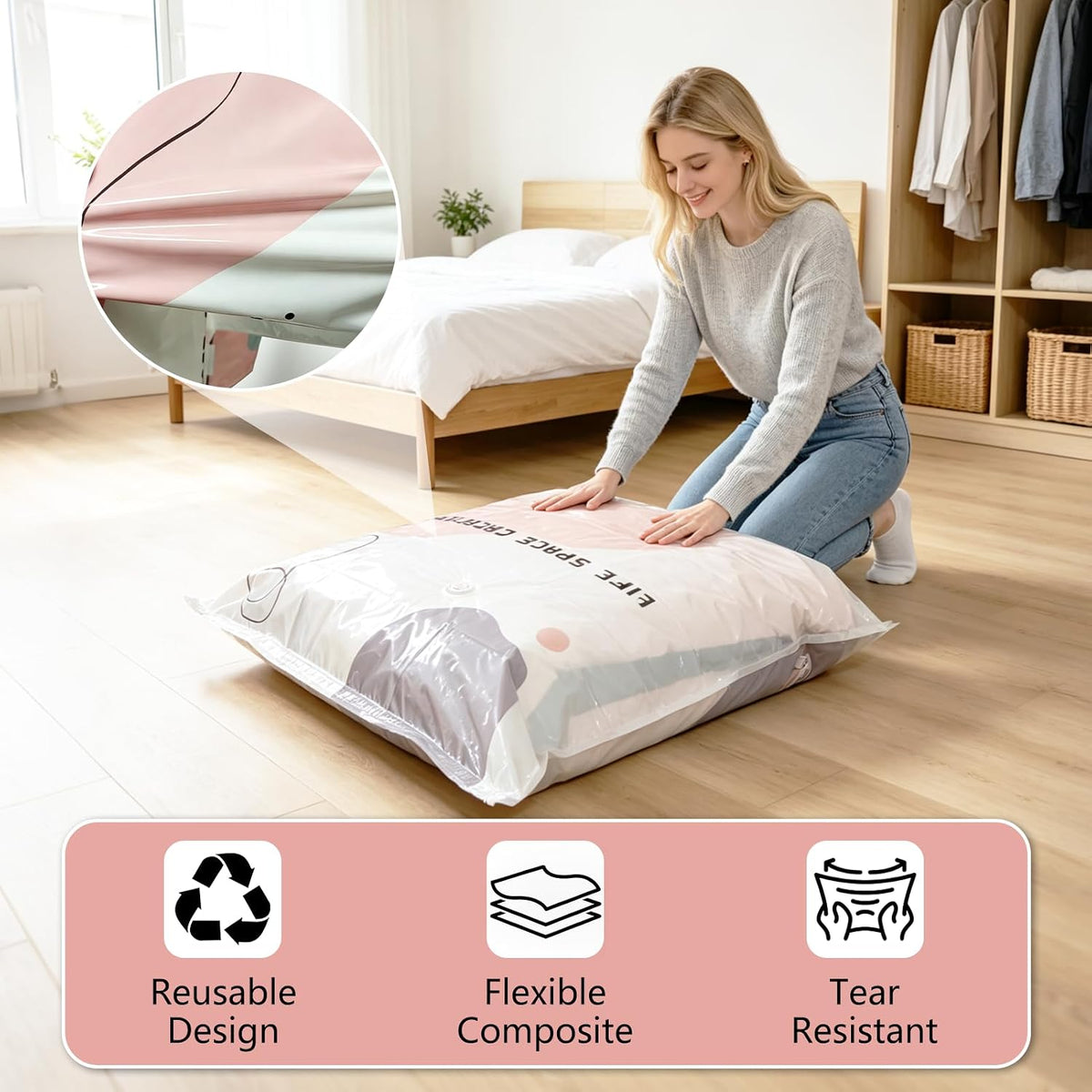 6 Pack No Pump Vacuum Storage Bags, (L/XL) Cube Compression Vacuum Bags for Clothes, Upgrade Space Saver Bags for Comforters Blankets Bedding Seasonal and Moving