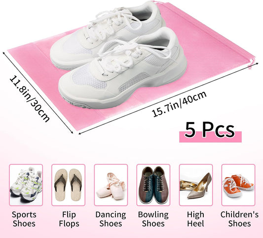 Pink Travel Shoe Bags - 5 Pcs Non-Woven Packing Bags with Clear Window