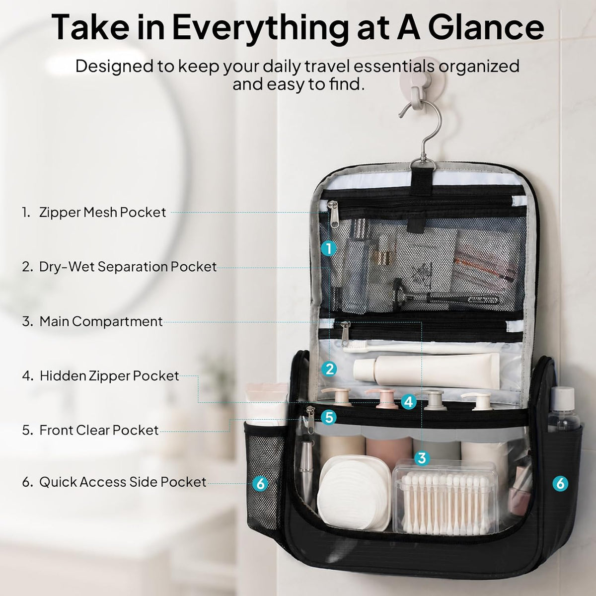 Travel Toiletry Bag for Women & Men, Waterproof Hanging Makeup Organizer