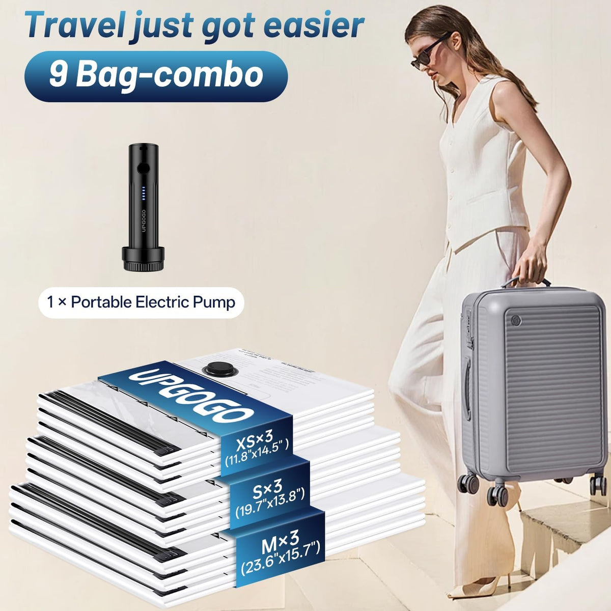 UPGOGO Travel Vacuum Bags for Luggage with Portable Electric Pump,Vacuum Seal Bags for Clothing,Packing Cubes Compression,Cruise Ship and Travel Essentials(Combo 9 Pack)
