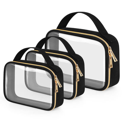 Wedama TSA Approved Toiletry Bag, 3 Pack Clear Makeup Bags with Handles, Quart Size Clear Toiletry Bags, PVC Cosmetic Bags for Women and Men, Carry on Airport Airline Compliant Bag, Black