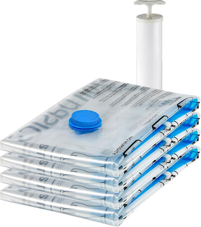 Amazon Basics Vacuum Storage Bags for Clothes, Compression Zipper with Hand Pump, Medium, White, Sky Blue, 5-Pack