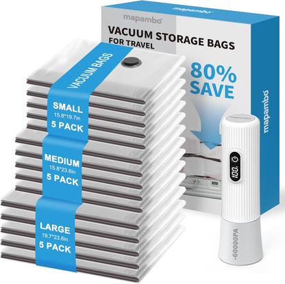 Mapambo Travel Vacuum Bags with -60000Pa LED Pump, 15 Pack Vacuum Seal Bags for Clothing Travel in 3 Combo Sizes, Vacuums Storage Bags for Clothes, Save 80% of Space (15 Combo)
