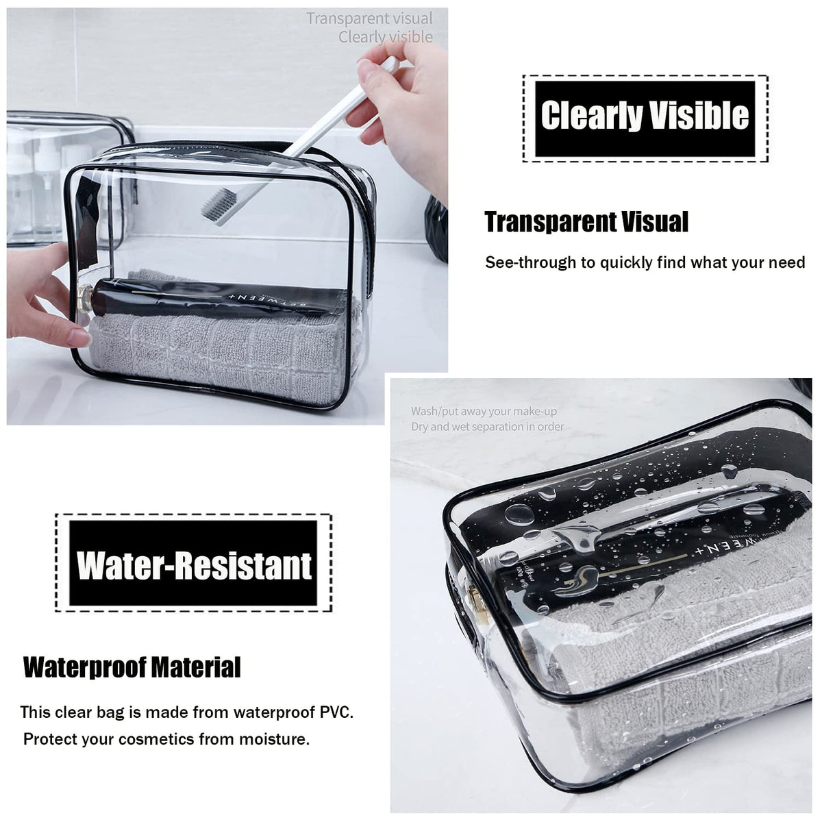 TSA Approved Toiletry Bag, 3 Pcs Clear Toiletries Bags Quart Size, Black