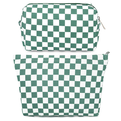 SOIDRAM 2 Pieces Makeup Bag Large Checkered Cosmetic Bag Capacity Canvas Mix Travel Toiletry Bag Organizer Cute Makeup Brushes Aesthetic Accessories Storage Bag for Women, Checkered Mix Rose Red