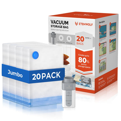 ETENWOLF 20 Combo Vacuum Storage Bags for Travel with Wireless Pump