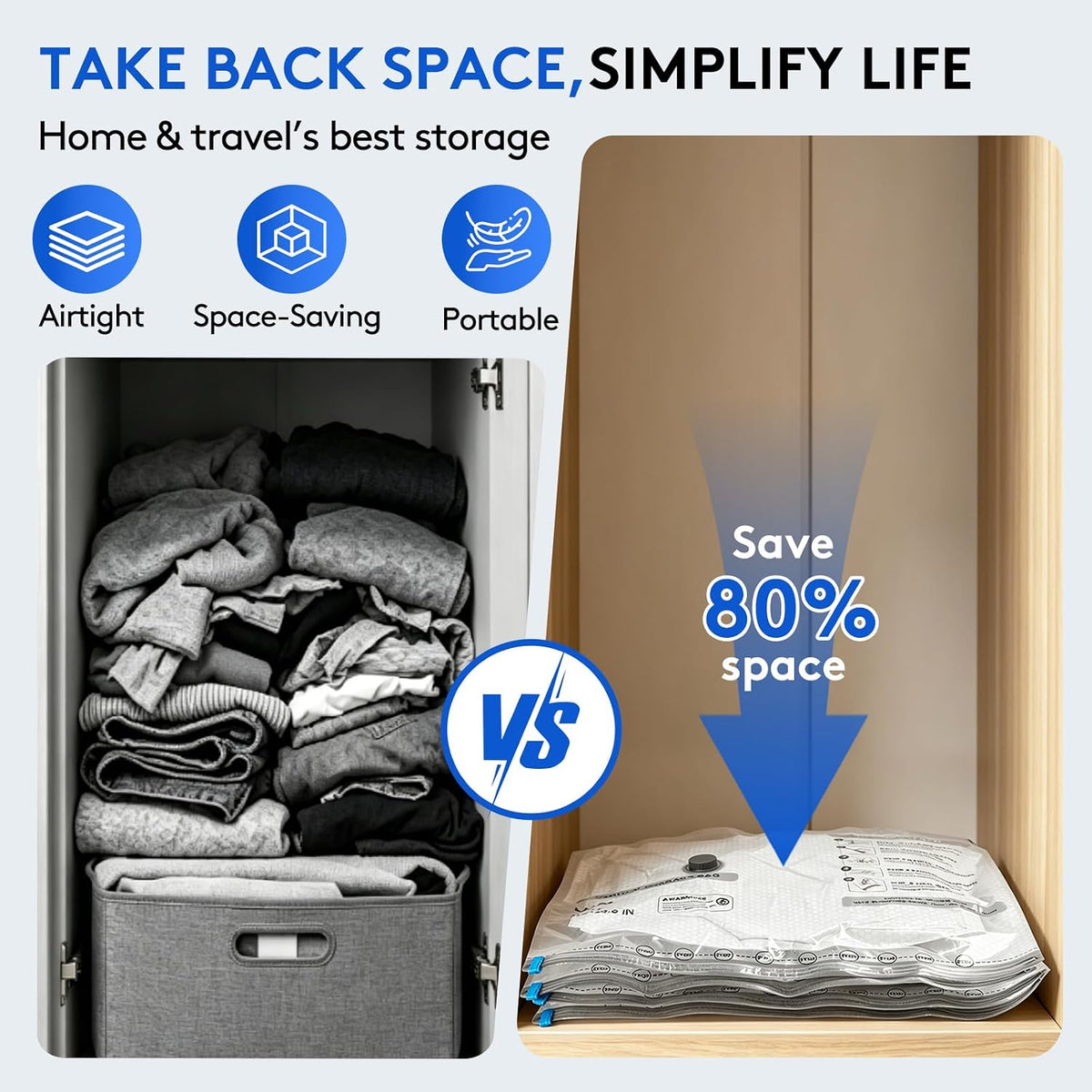 15 Packs Vacuum Bags for Travel with Rechargeable Pump, 3 Sizes Heavy Duty Vacuum Seal Bags for Clothing, Compression Vacuum Travel Bags for Luggage, Vacuum Packing Bags for Closet Organization