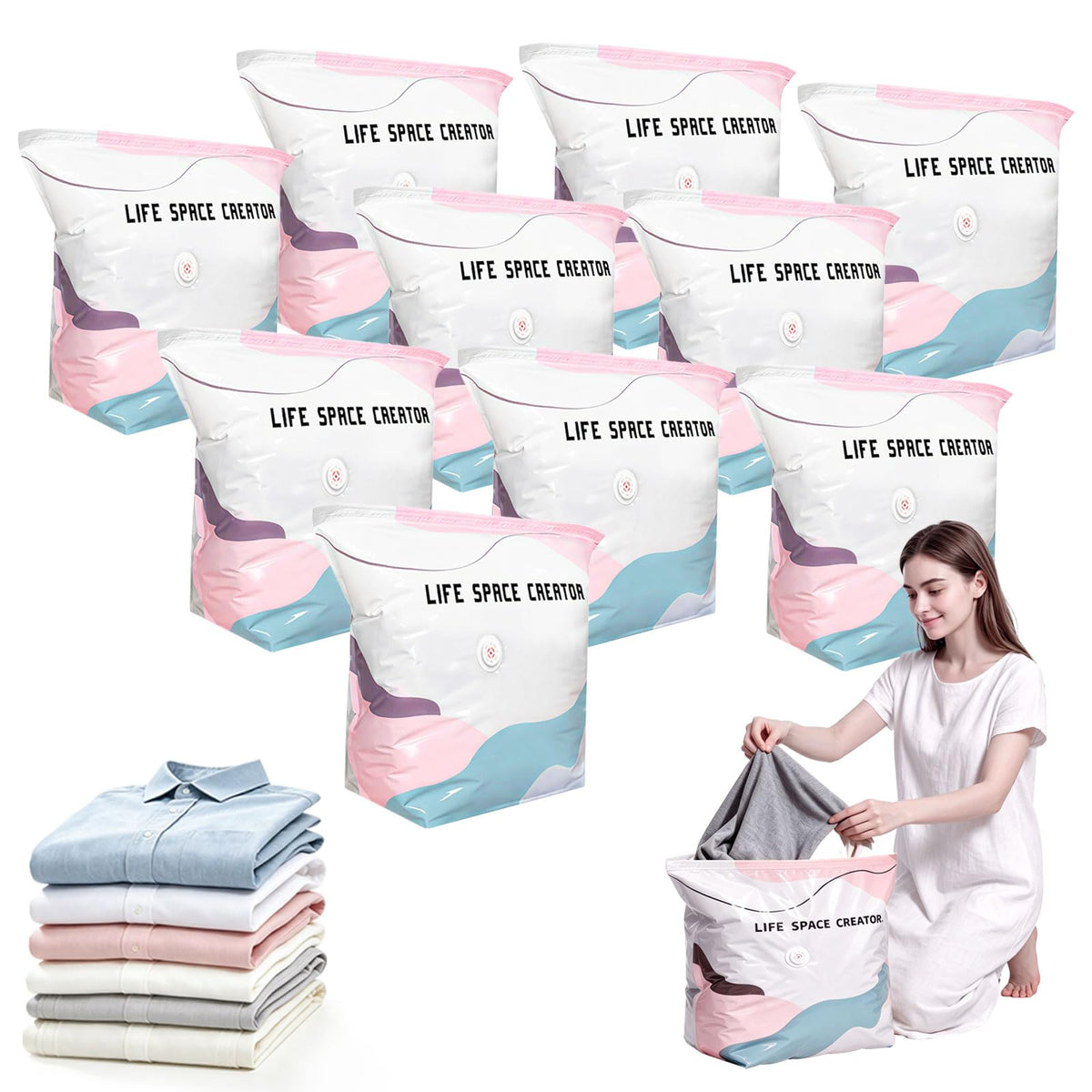 2PCS No Pump Vacuum Storage Bags, No Pump Large Vacuum Storage Compression Bags, Thick Airtight Reusable Organizer for Clothes Comforters Travel Moving Closet Storage (M+L)