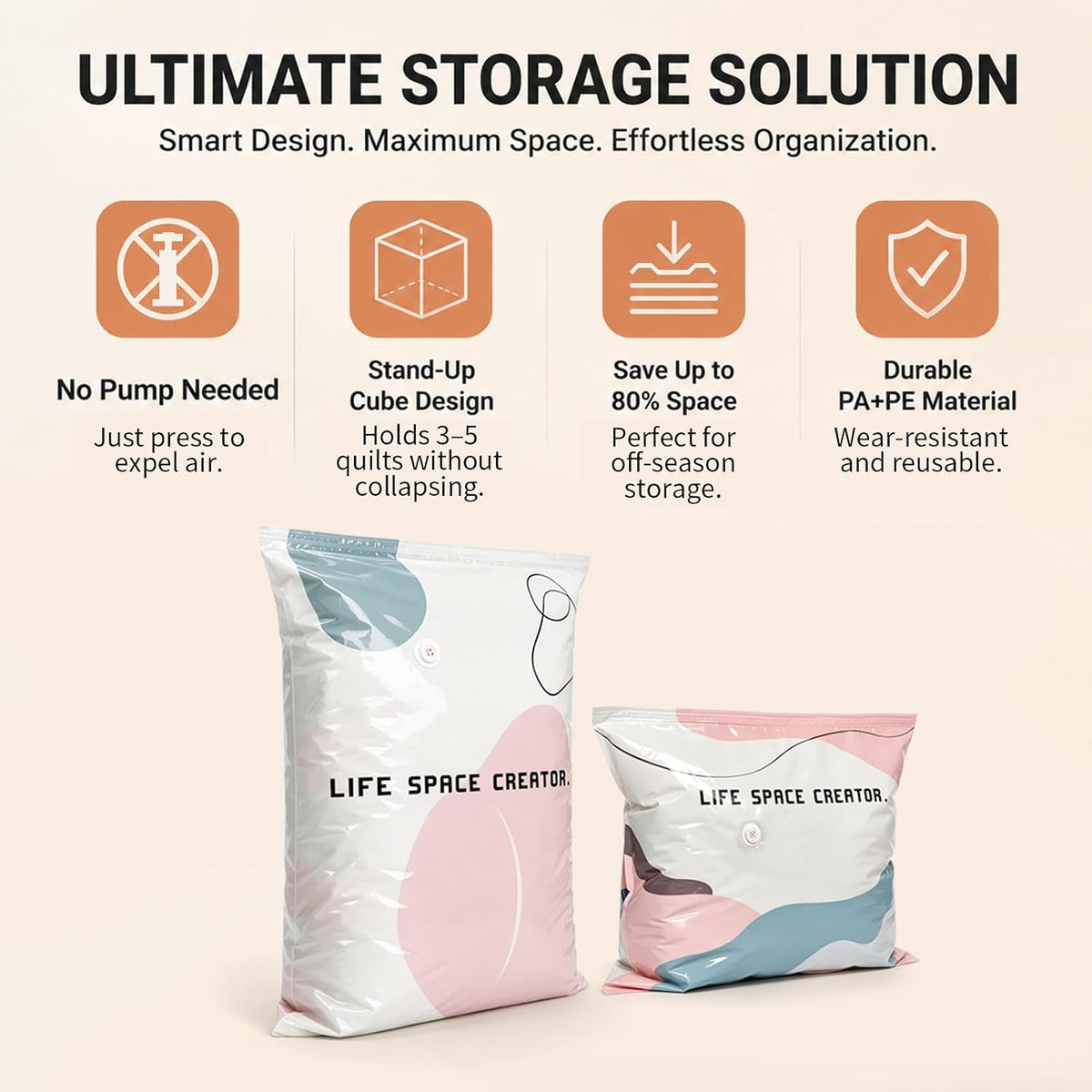 No Pump Vacuum Storage Bags – 3D Cube Stand-Up Design, Jumbo & Medium Sizes, PA+PE Thick Material for Clothes, Comforters & Bedding, Reusable No Pump Large Vacuum Storage Compression Bags (M+L)