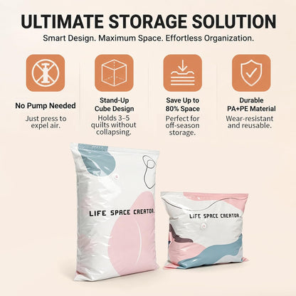 No Pump Vacuum Storage Bags – 3D Cube Stand-Up Design, Jumbo & Medium Sizes, PA+PE Thick Material for Clothes, Comforters & Bedding, Reusable No Pump Large Vacuum Storage Compression Bags (M+L)