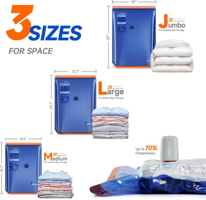 Vacbird Vacuum Storage Bags with Rechargeable Cordless Pump,15 Pack 3 Sizes Compression Packing Seal Bags, Space Saver for Clothes and Clothing Comforters, Blankets, Bedding and Closet Space Saving